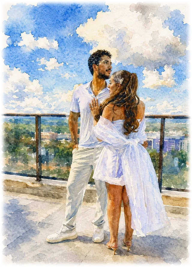 Aquarela de Marina e João abraçados em um terraço, vestidos de branco, com céu azul e a cidade ao fundo.